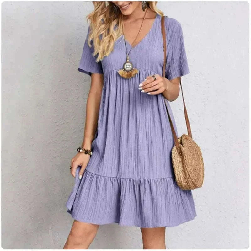 Women’s Summer Peplum Dress with V-Neck and Ruffle Hem-S / green