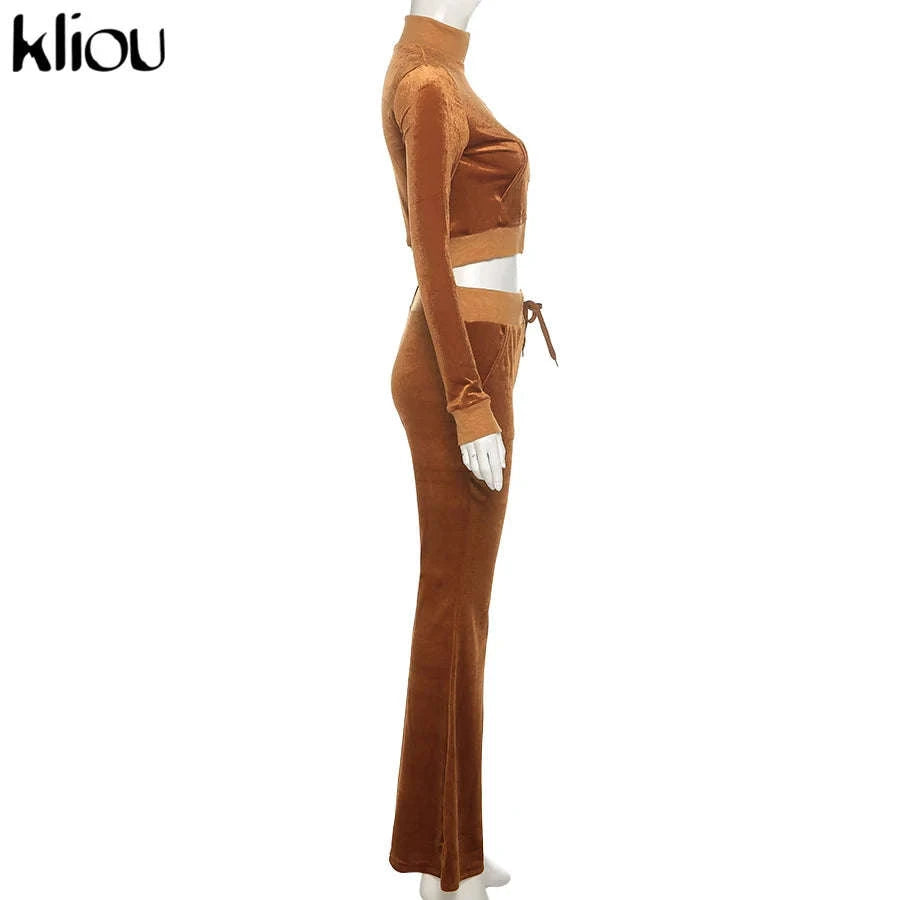 Women’s Velour Zip Top & Wide Leg Pants Two-Piece Set-Pink / M