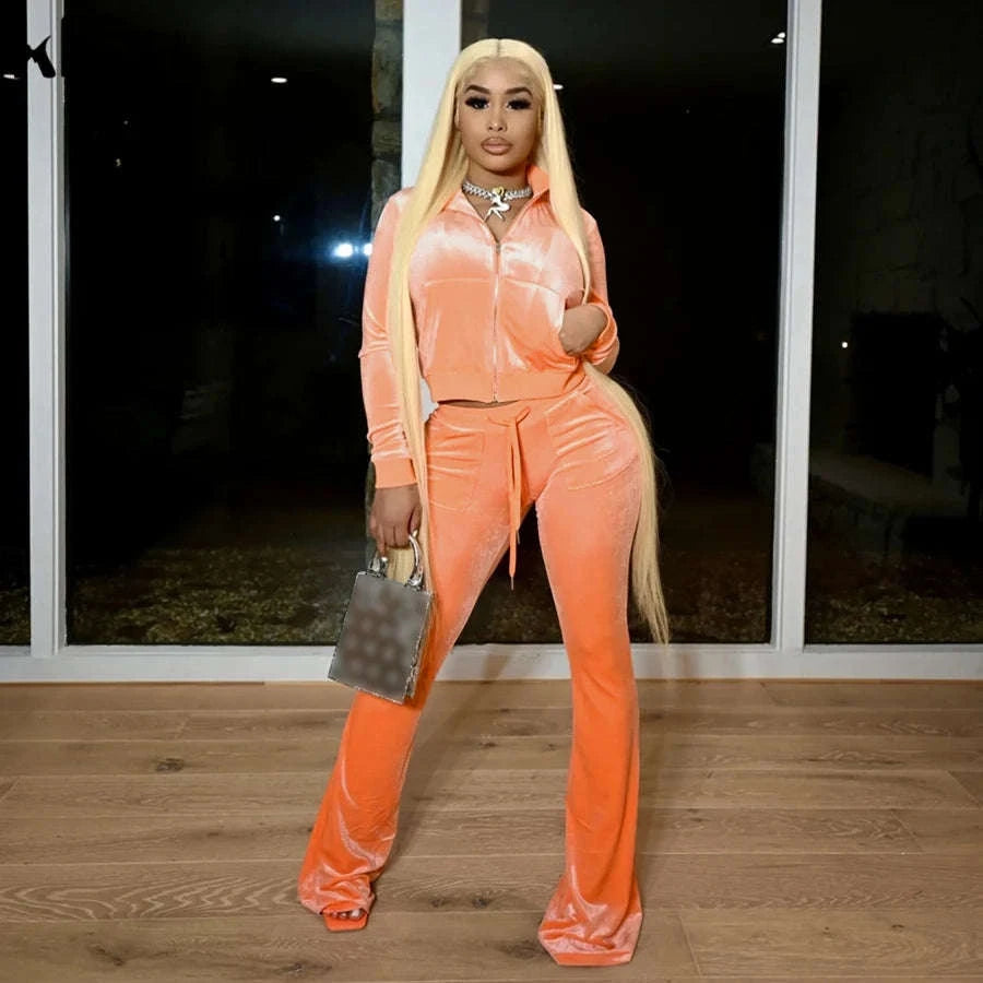 Women’s Velour Zip Top & Wide Leg Pants Two-Piece Set-Pink / M