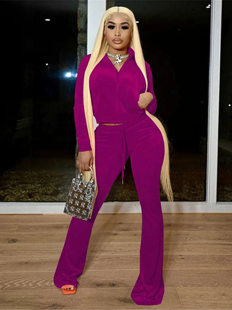 Women’s Velour Zip Top & Wide Leg Pants Two-Piece Set-Pink / M