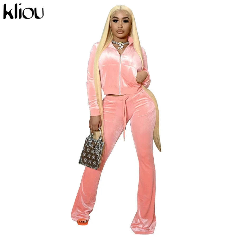 Women’s Velour Zip Top & Wide Leg Pants Two-Piece Set-Pink / M