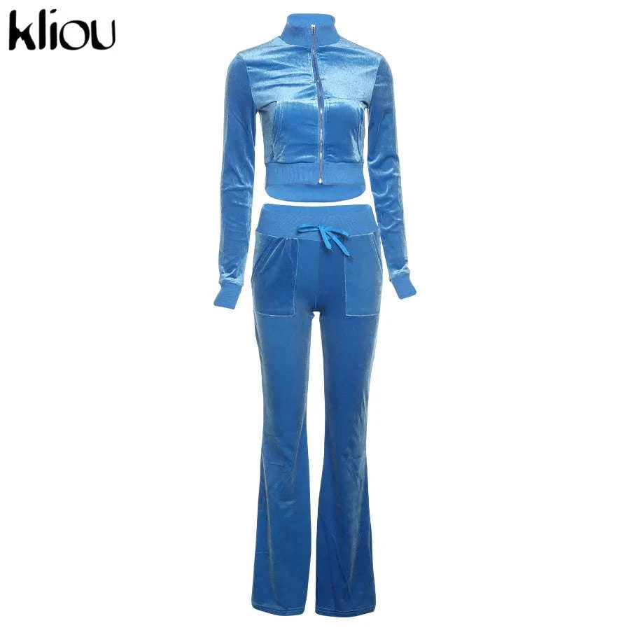 Women’s Velour Zip Top & Wide Leg Pants Two-Piece Set-Pink / M