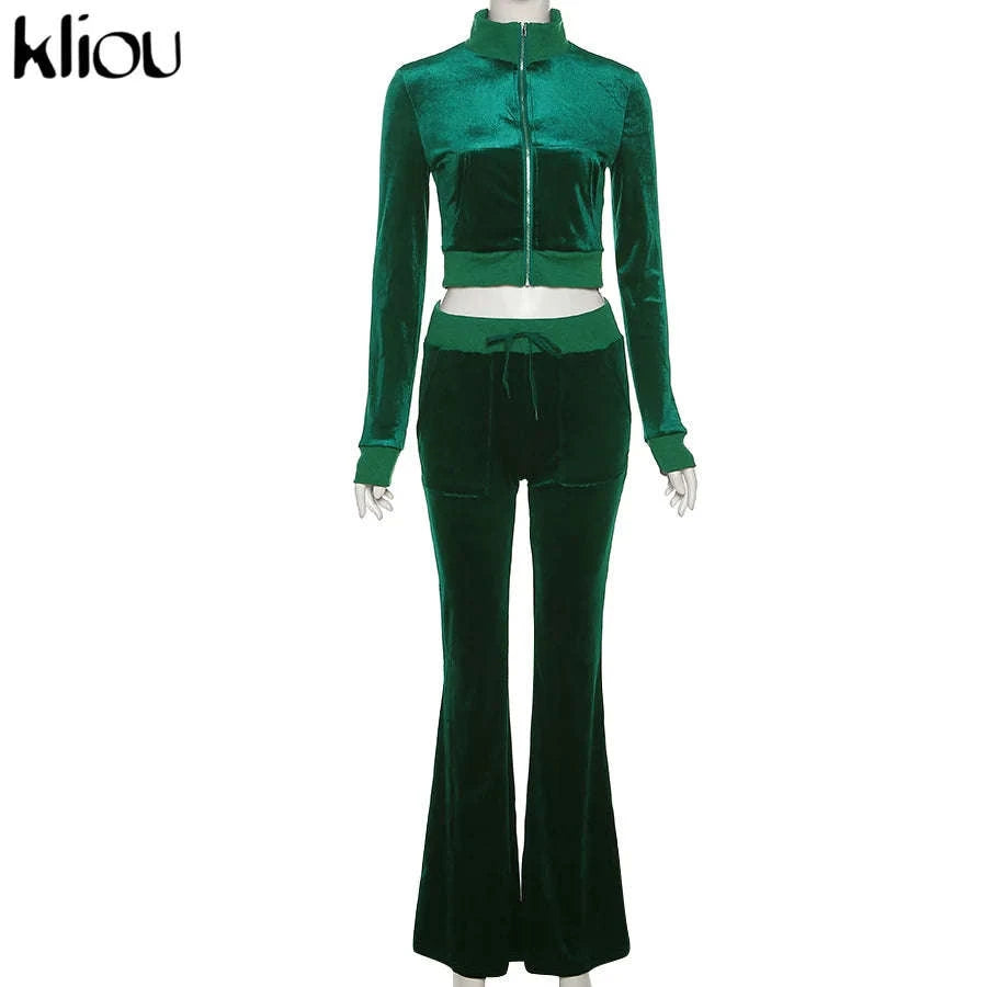Women’s Velour Zip Top & Wide Leg Pants Two-Piece Set-Pink / M