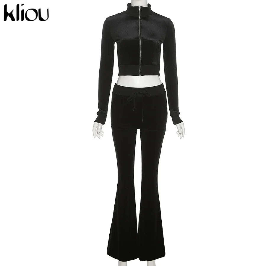 Women’s Velour Zip Top & Wide Leg Pants Two-Piece Set-Pink / M