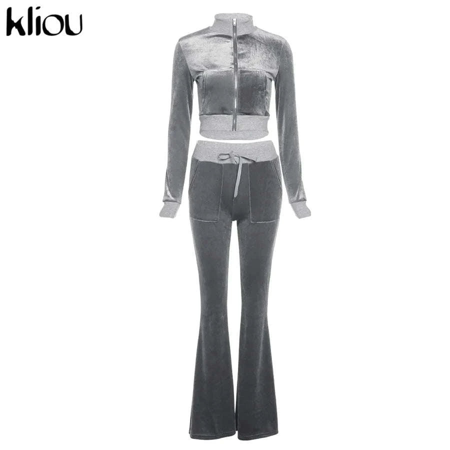 Women’s Velour Zip Top & Wide Leg Pants Two-Piece Set-Pink / M