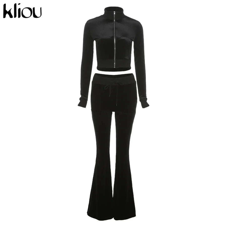 Women’s Velour Zip Top & Wide Leg Pants Two-Piece Set-Pink / M