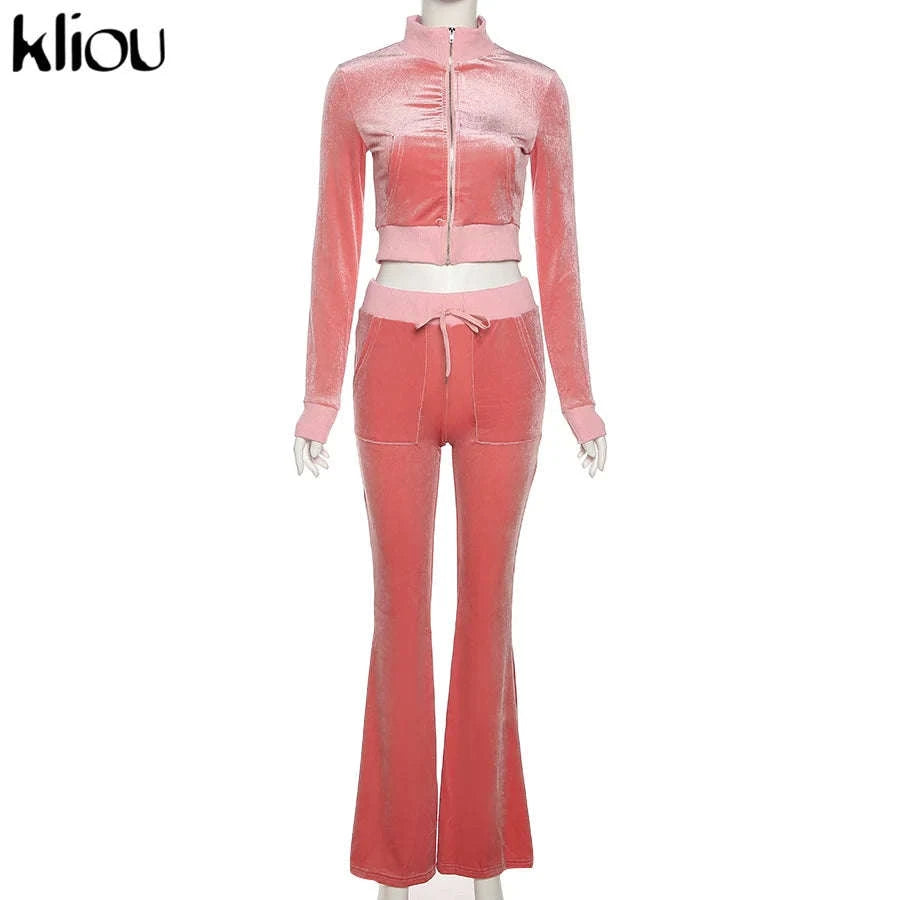 Women’s Velour Zip Top & Wide Leg Pants Two-Piece Set-Pink / M