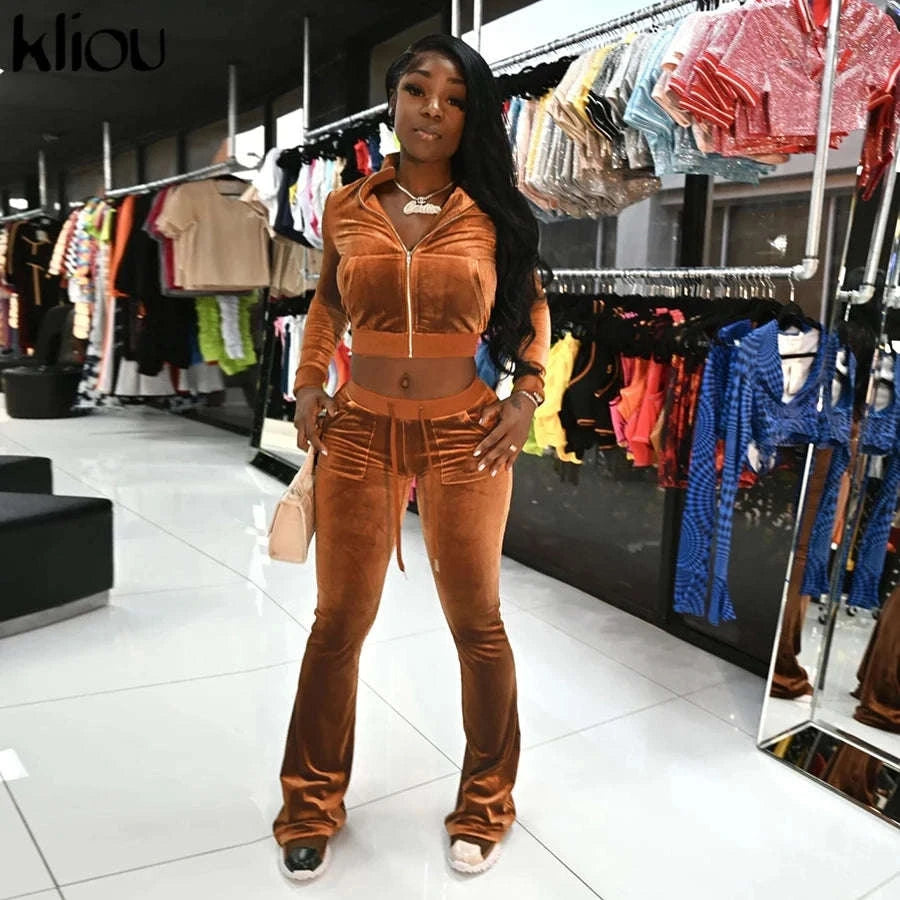 Women’s Velour Zip Top & Wide Leg Pants Two-Piece Set-Pink / M
