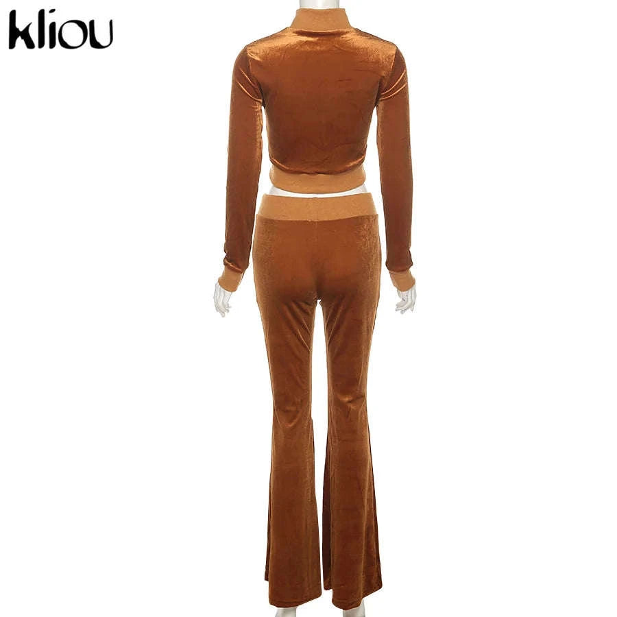 Women’s Velour Zip Top & Wide Leg Pants Two-Piece Set-Pink / M