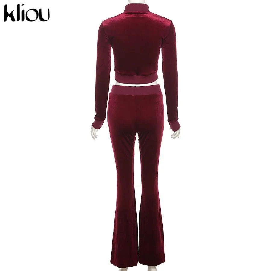 Women’s Velour Zip Top & Wide Leg Pants Two-Piece Set-Pink / M
