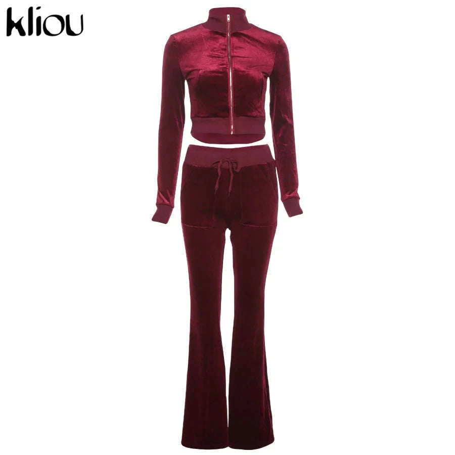 Women’s Velour Zip Top & Wide Leg Pants Two-Piece Set-Pink / M