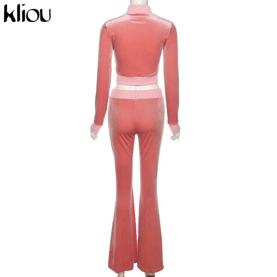 Women’s Velour Zip Top & Wide Leg Pants Two-Piece Set-Pink / M