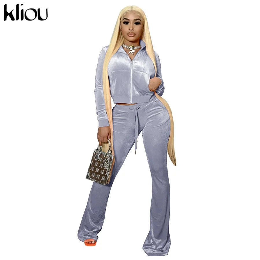 Women’s Velour Zip Top & Wide Leg Pants Two-Piece Set-Pink / M