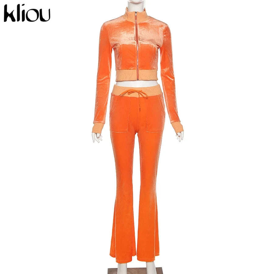 Women’s Velour Zip Top & Wide Leg Pants Two-Piece Set-Pink / M