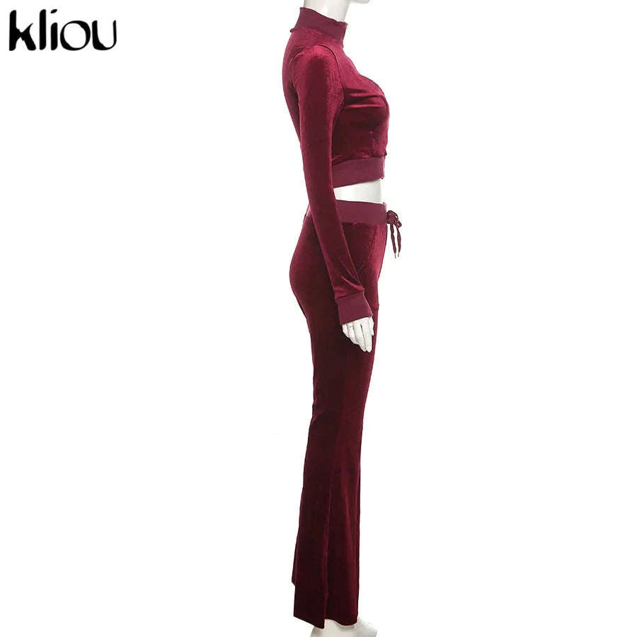 Women’s Velour Zip Top & Wide Leg Pants Two-Piece Set-Pink / M