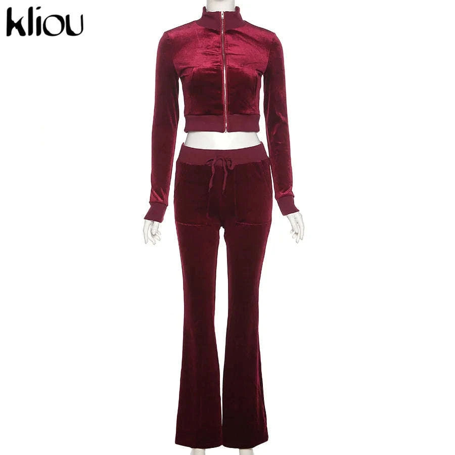Women’s Velour Zip Top & Wide Leg Pants Two-Piece Set-Pink / M
