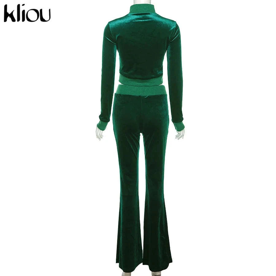 Women’s Velour Zip Top & Wide Leg Pants Two-Piece Set-Pink / M