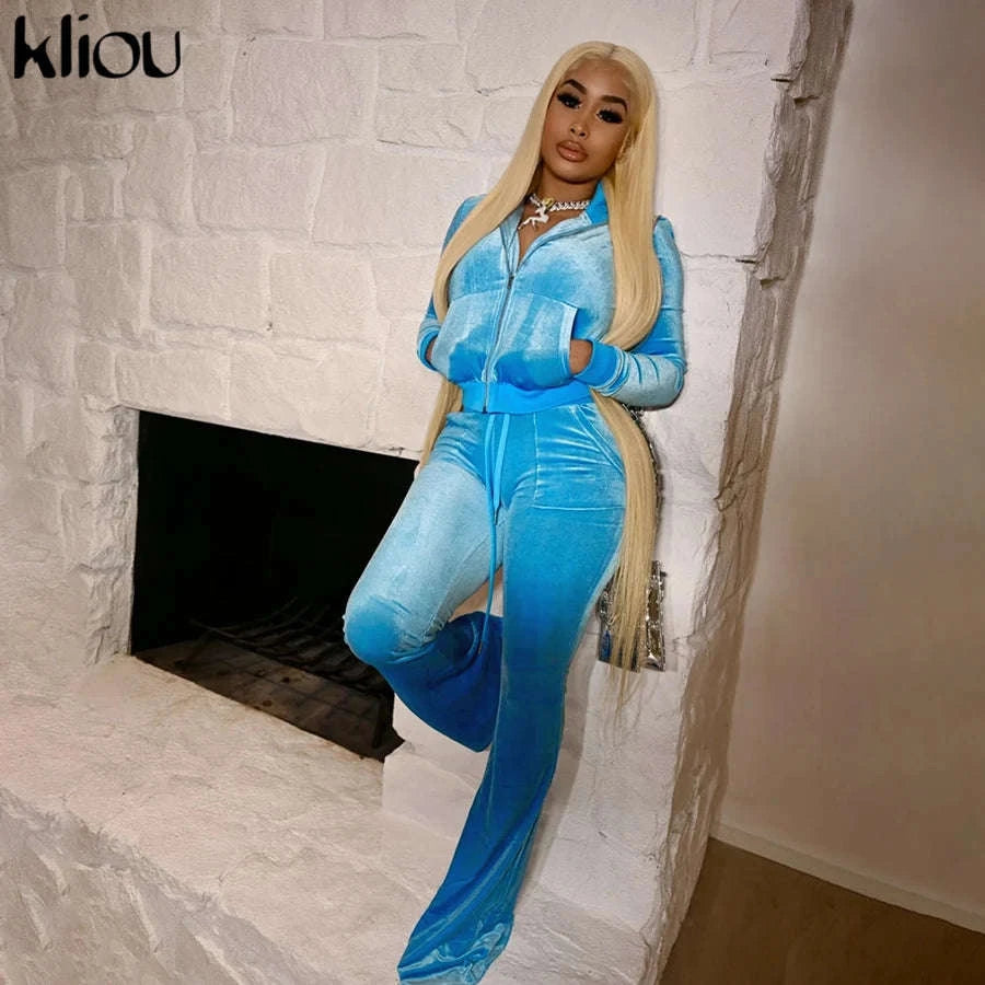 Women’s Velour Zip Top & Wide Leg Pants Two-Piece Set-Pink / M