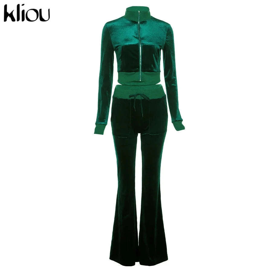 Women’s Velour Zip Top & Wide Leg Pants Two-Piece Set-Pink / M