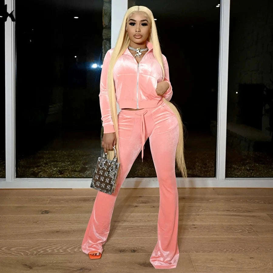 Women’s Velour Zip Top & Wide Leg Pants Two-Piece Set-Pink / M