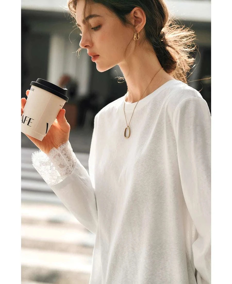 Women's White Cotton Long Sleeve Lace Crewneck Loose T-Shirt-White T-shirt / XL
