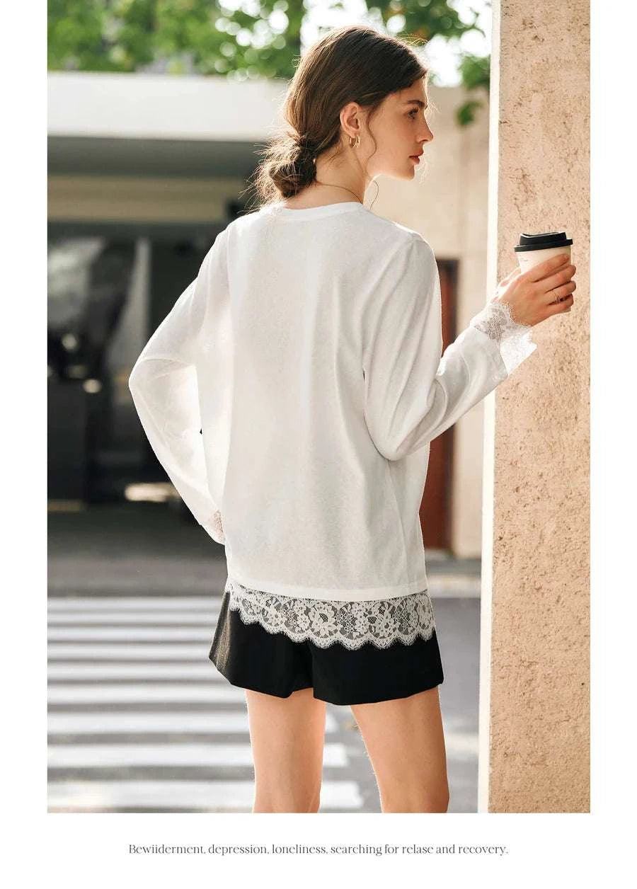 Women's White Cotton Long Sleeve Lace Crewneck Loose T-Shirt-White T-shirt / XL