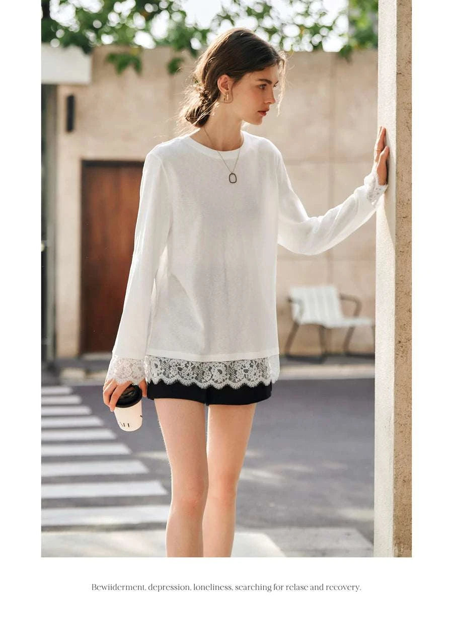 Women's White Cotton Long Sleeve Lace Crewneck Loose T-Shirt-White T-shirt / XL