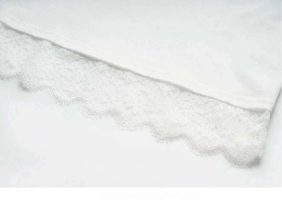 Women's White Cotton Long Sleeve Lace Crewneck Loose T-Shirt-White T-shirt / XL