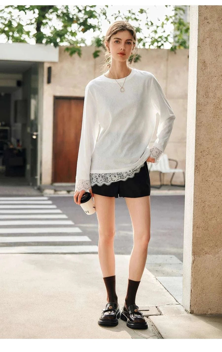 Women's White Cotton Long Sleeve Lace Crewneck Loose T-Shirt-White T-shirt / XL