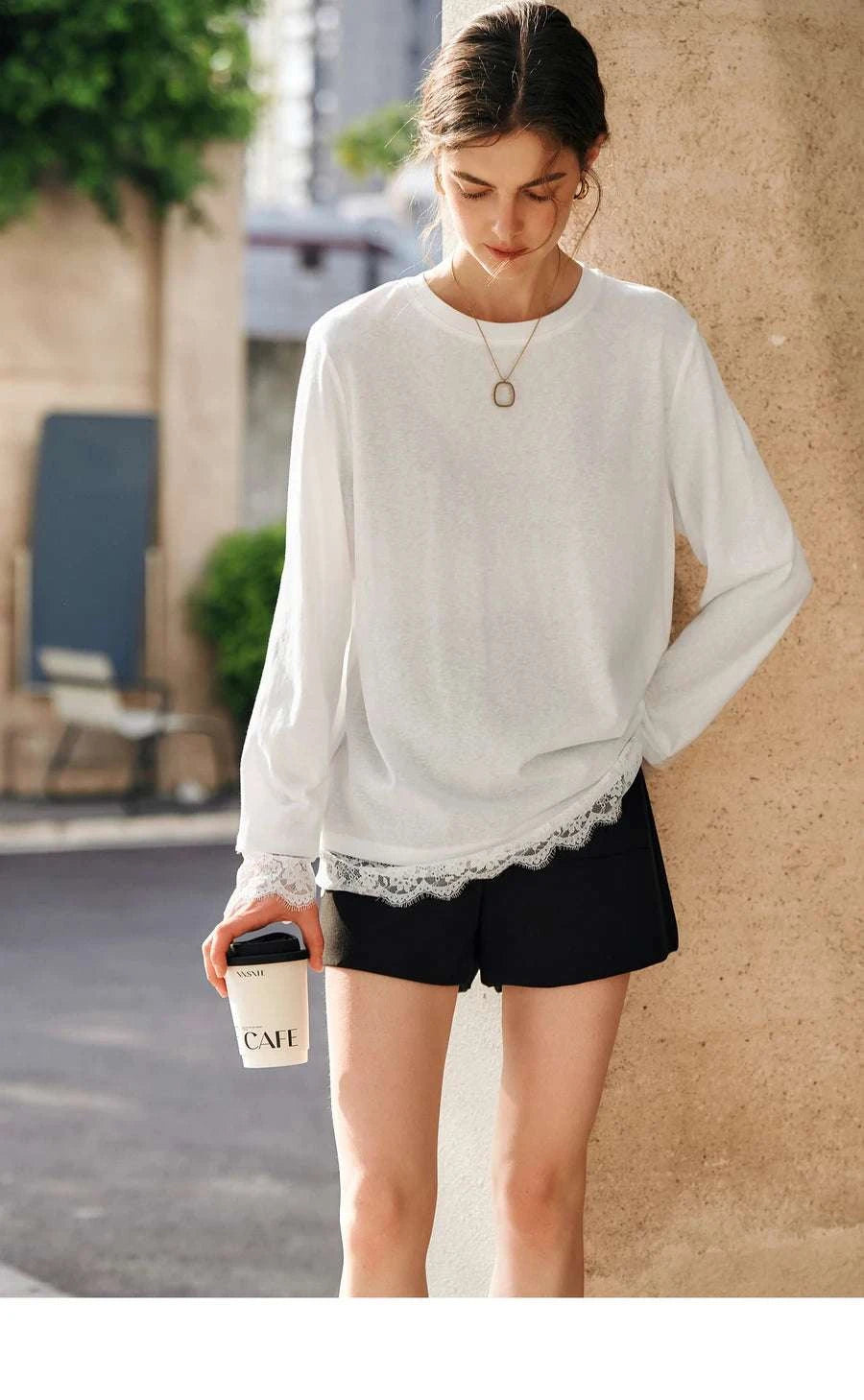 Women's White Cotton Long Sleeve Lace Crewneck Loose T-Shirt-White T-shirt / XL