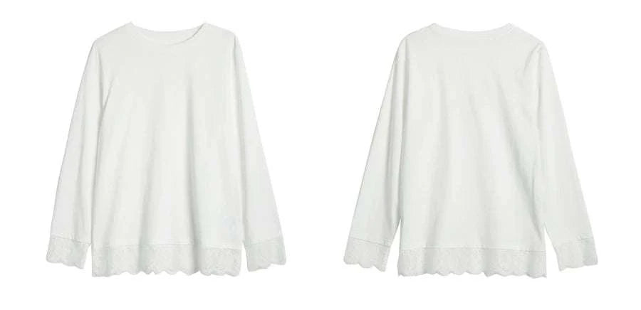 Women's White Cotton Long Sleeve Lace Crewneck Loose T-Shirt-White T-shirt / XL