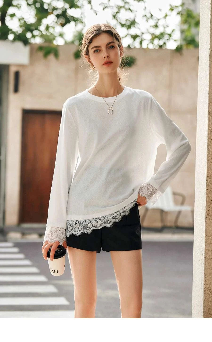 Women's White Cotton Long Sleeve Lace Crewneck Loose T-Shirt-White T-shirt / XL
