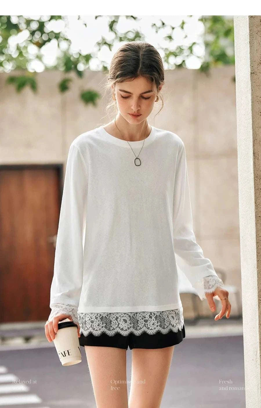 Women's White Cotton Long Sleeve Lace Crewneck Loose T-Shirt-White T-shirt / XL
