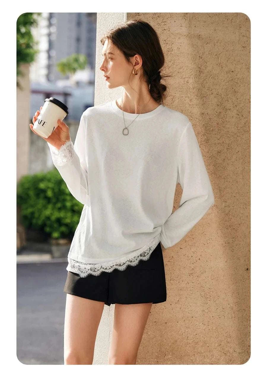 Women's White Cotton Long Sleeve Lace Crewneck Loose T-Shirt-White T-shirt / XL