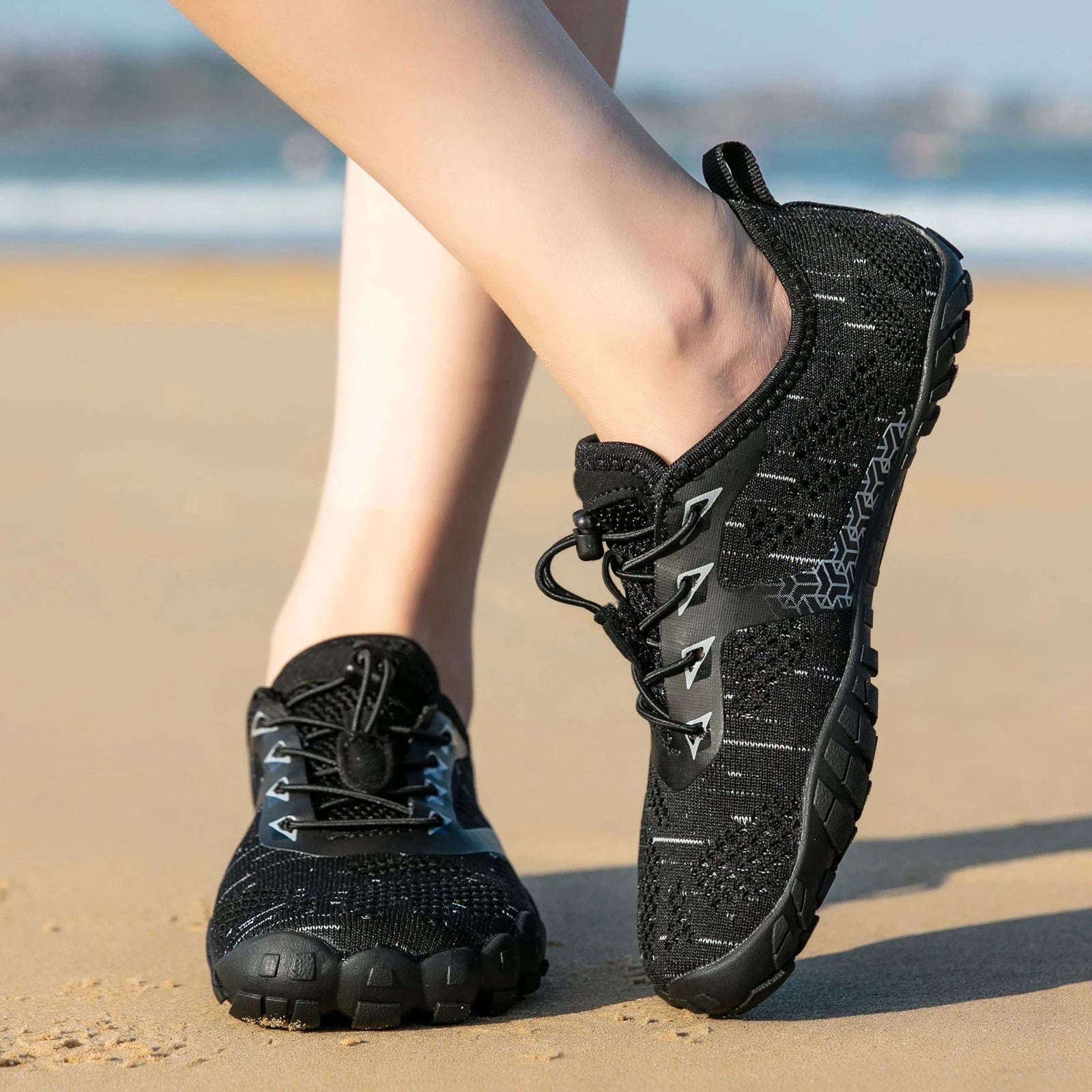 Women's Wide Barefoot Trail Running Shoes-Black-Green / 36