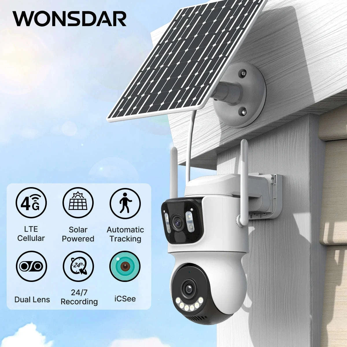 WONSDAR Outdoor Built-in Battery Dual Lens Solar 4G Security Camera Solar Panel Wireless Camera 24 Hour Recording Alarm iCsee-4K Add 128G / Poland