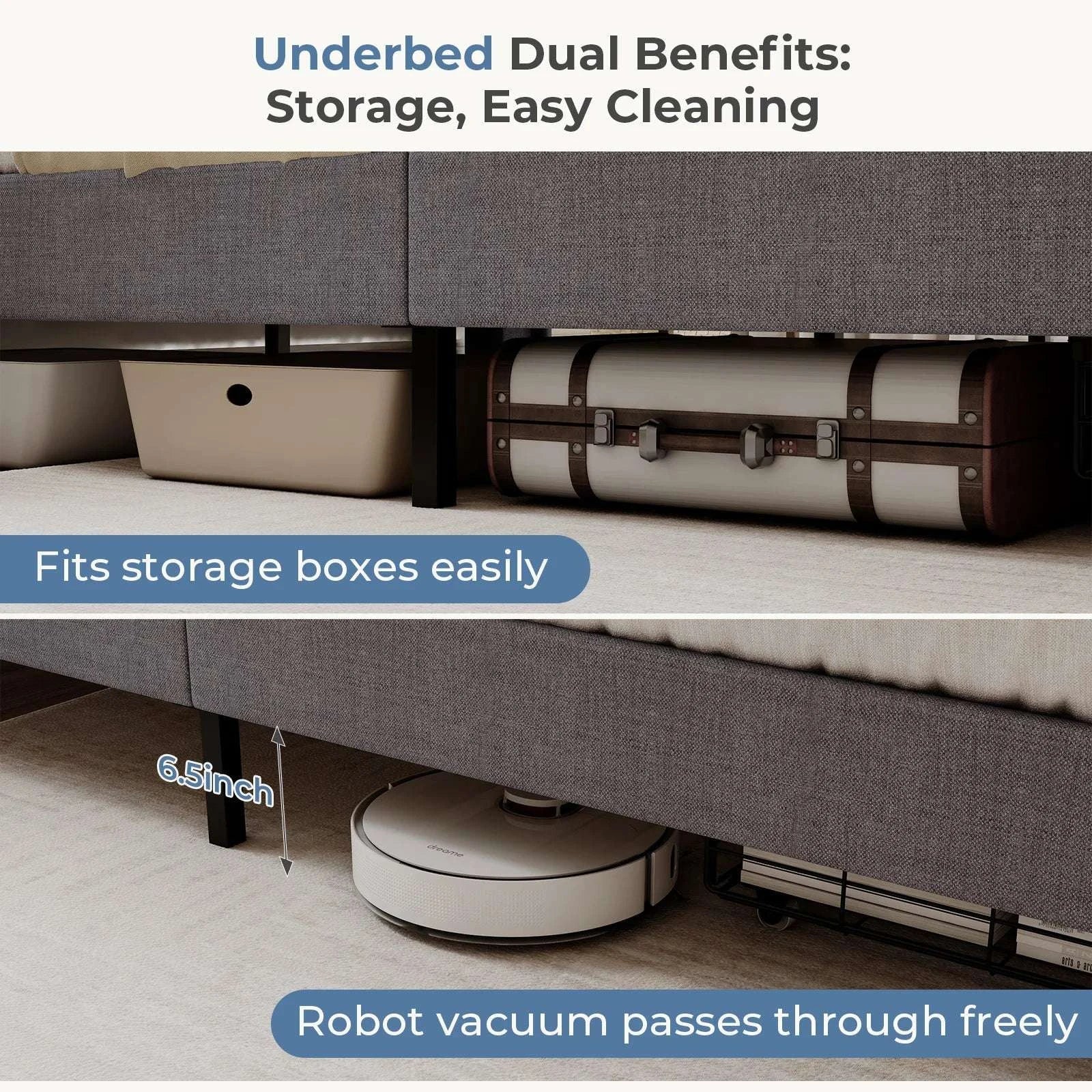 Wood Bed Frame with Storage Drawers & Upholstered Headboard-Gray / Queen / United States
