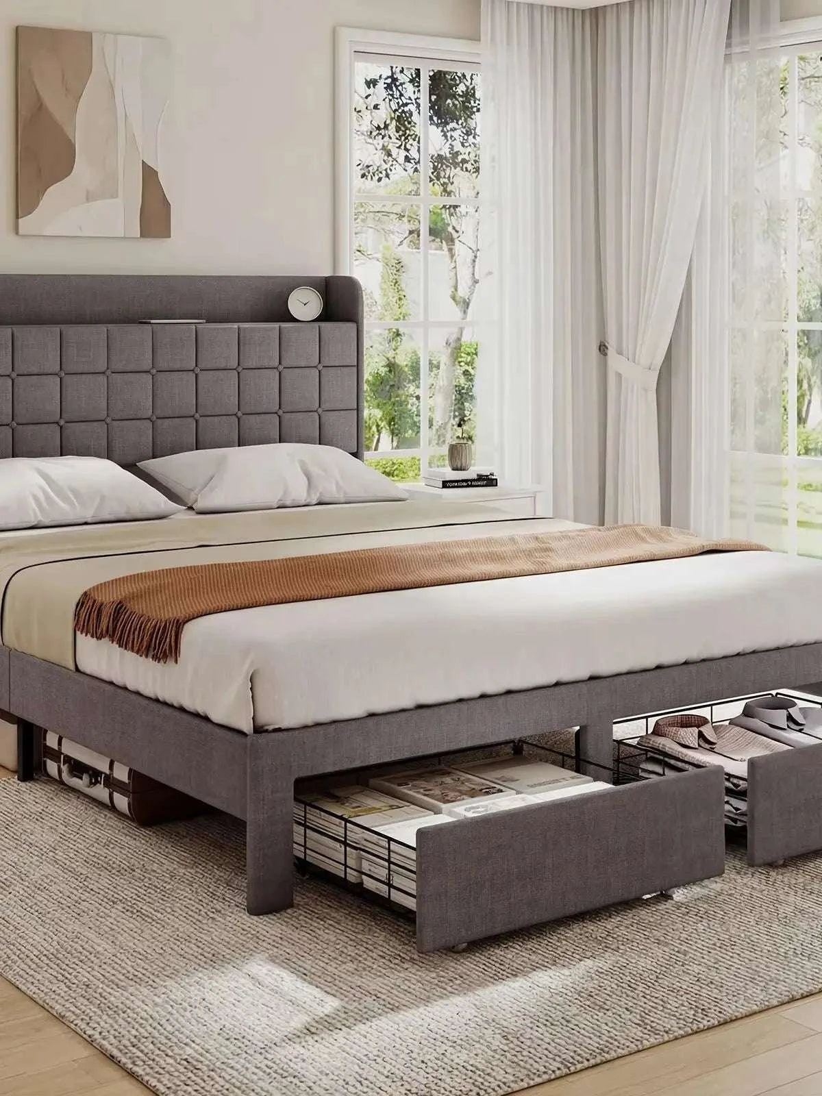 Wood Bed Frame with Storage Drawers & Upholstered Headboard-Gray / Queen / United States