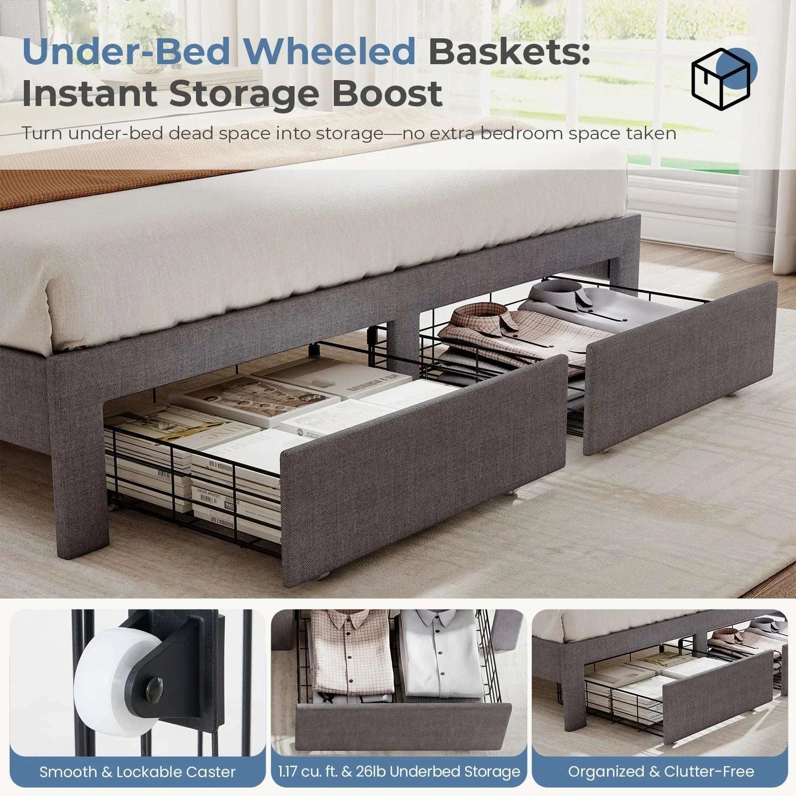 Wood Bed Frame with Storage Drawers & Upholstered Headboard-Gray / Queen / United States