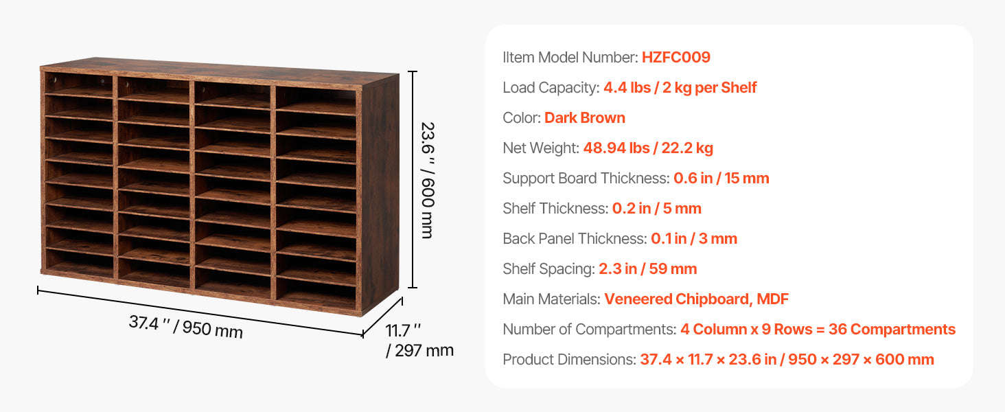 Wood Literature Organizer Mail Sorter for Office, Home, Classroom-36Squares Dark Brown / United States