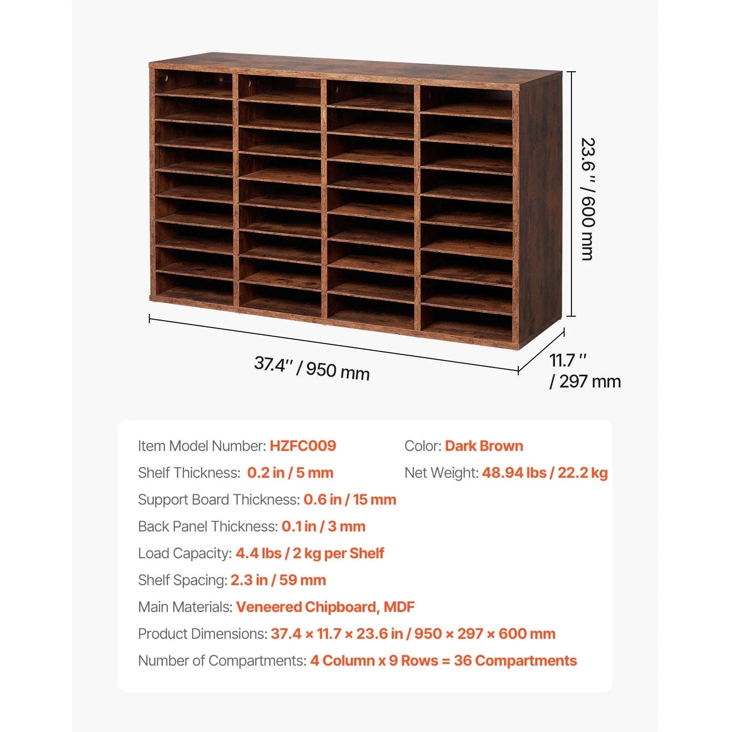 Wood Literature Organizer Mail Sorter for Office, Home, Classroom-36Squares Dark Brown / United States