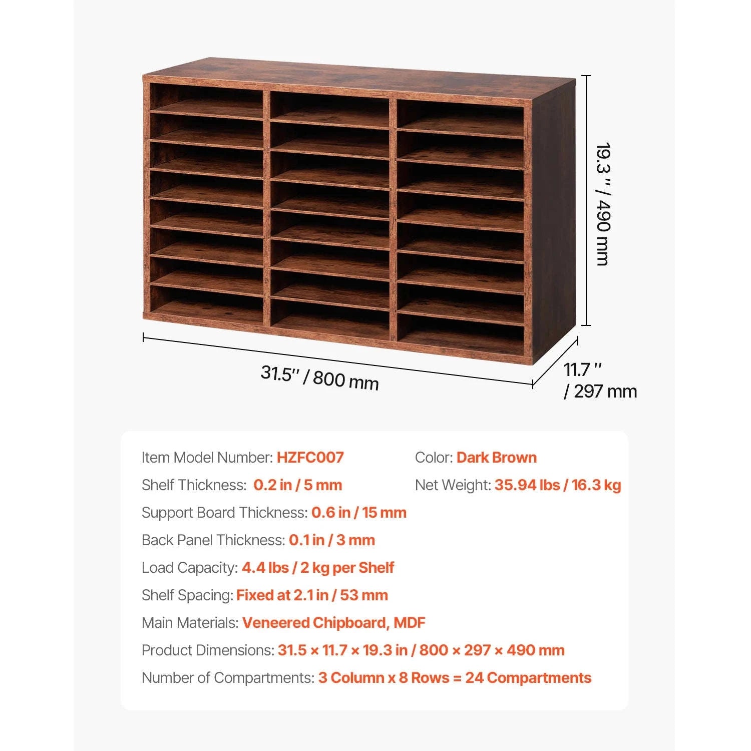 Wood Literature Organizer Mail Sorter for Office, Home, Classroom-36Squares Dark Brown / United States