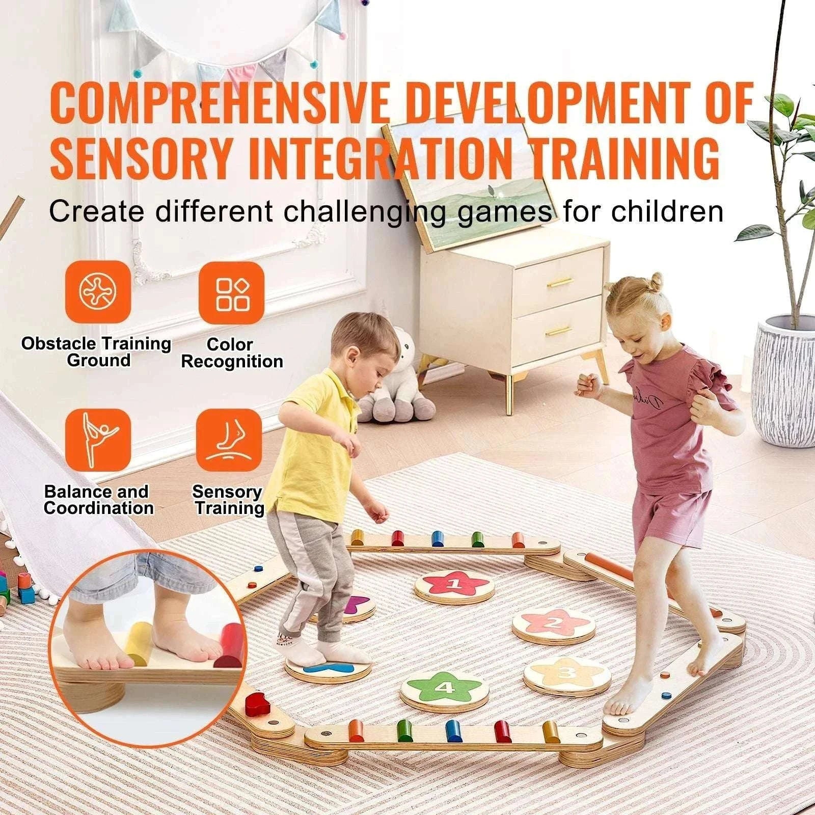 Wooden Balance Beam Stepping Stones Set for Kids 2–6-6pcs / United States