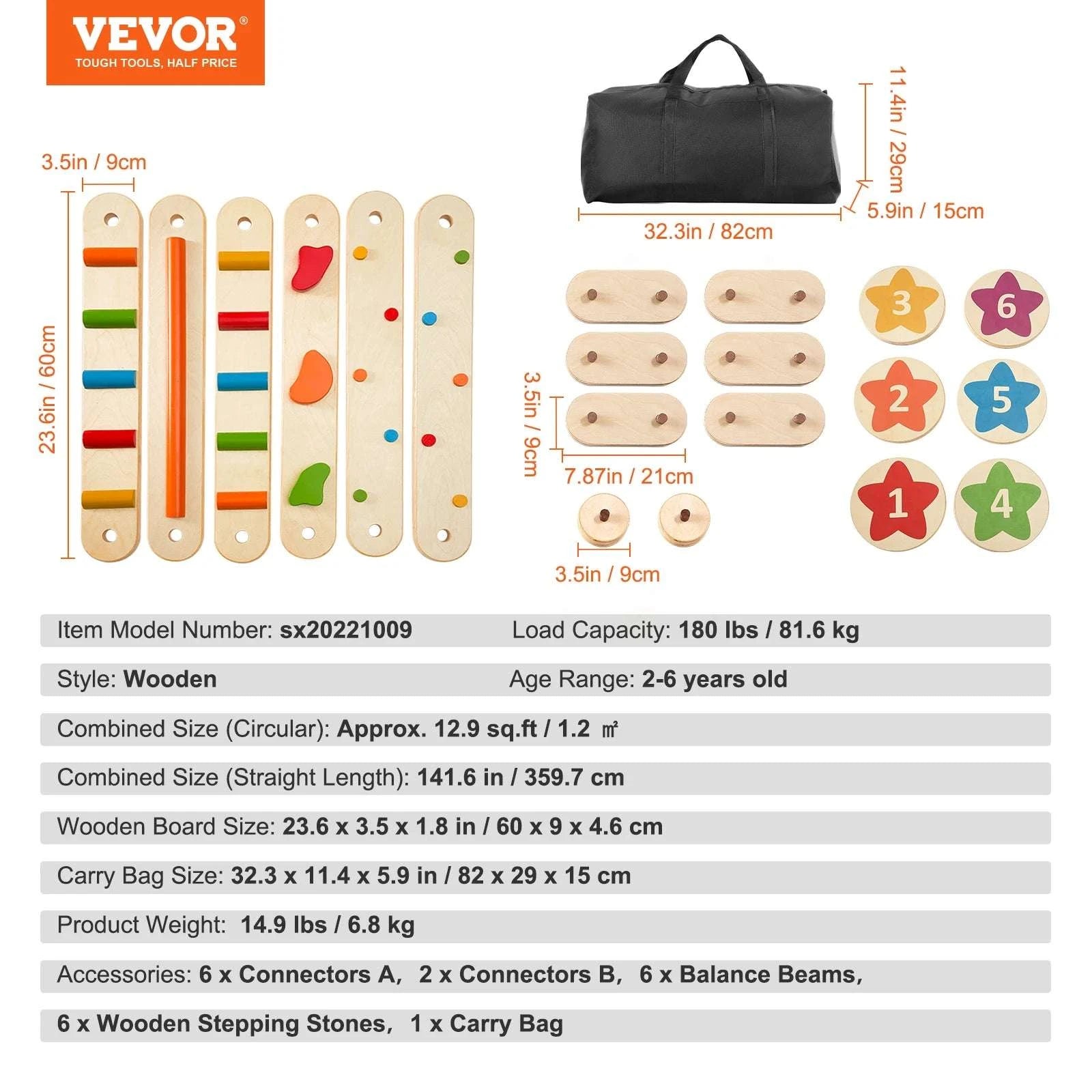 Wooden Balance Beam Stepping Stones Set for Kids 2–6-6pcs / United States