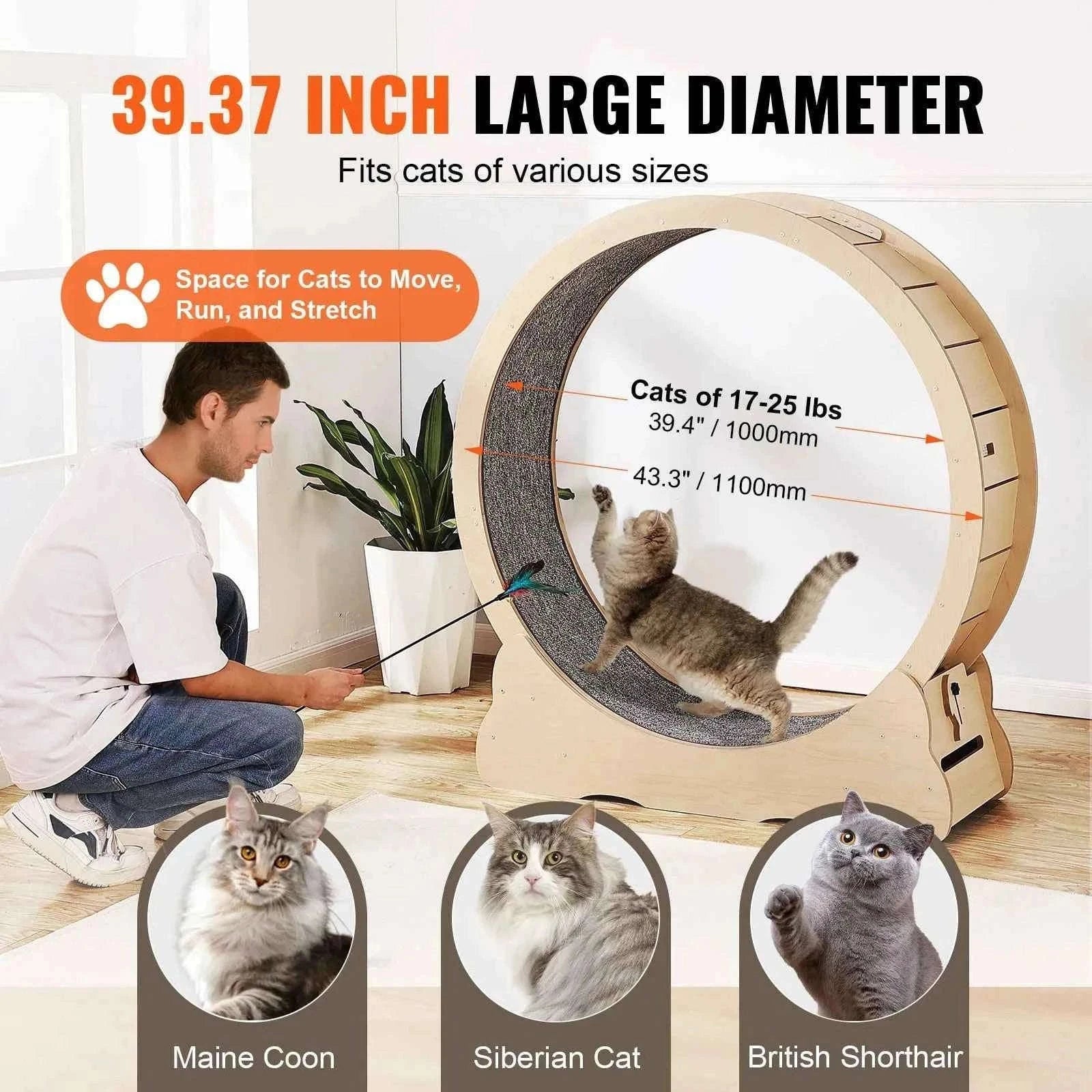 Wooden Cat Exercise Wheel with Detachable Carpet and Cat Teaser-35.8inch / france