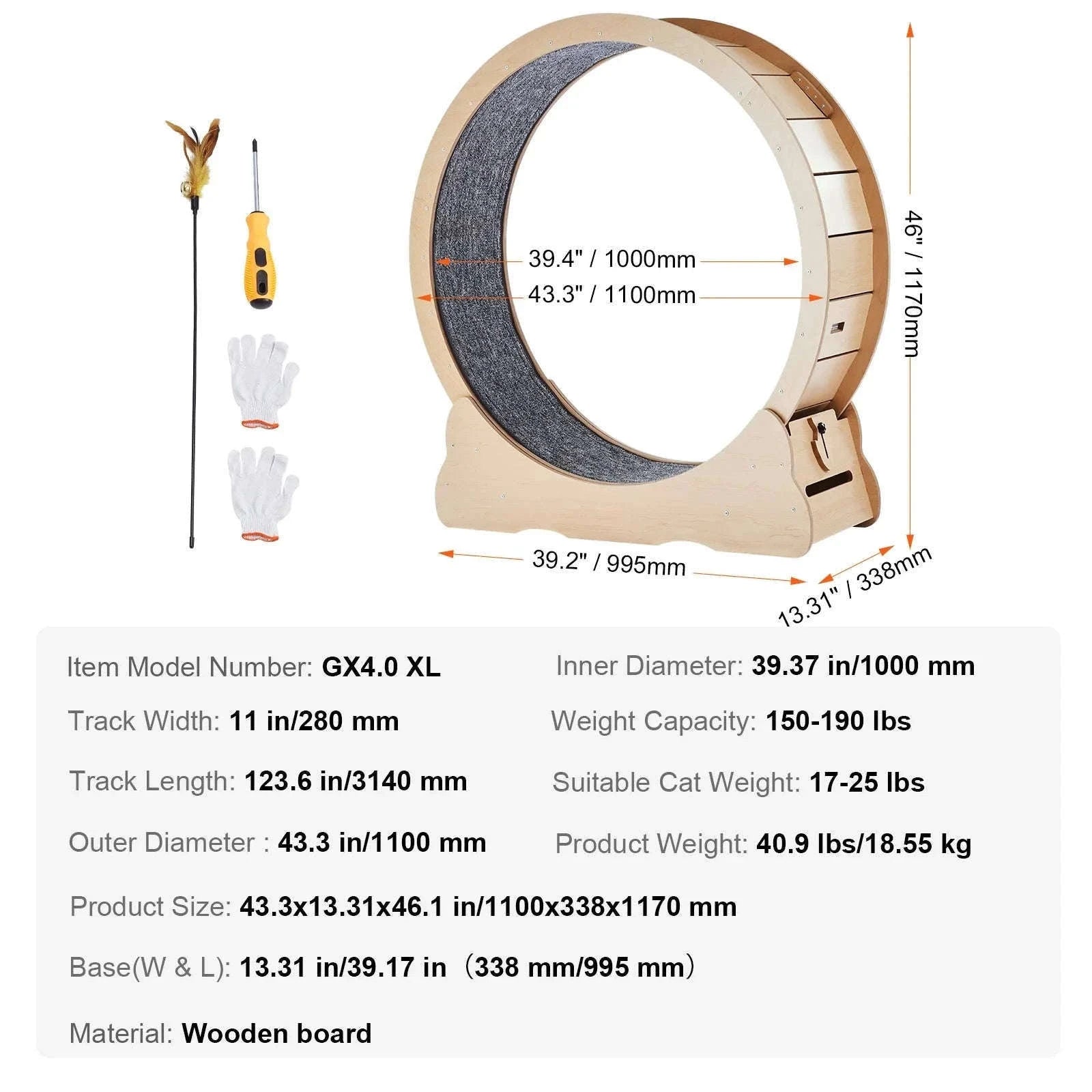 Wooden Cat Exercise Wheel with Detachable Carpet and Cat Teaser-35.8inch / france