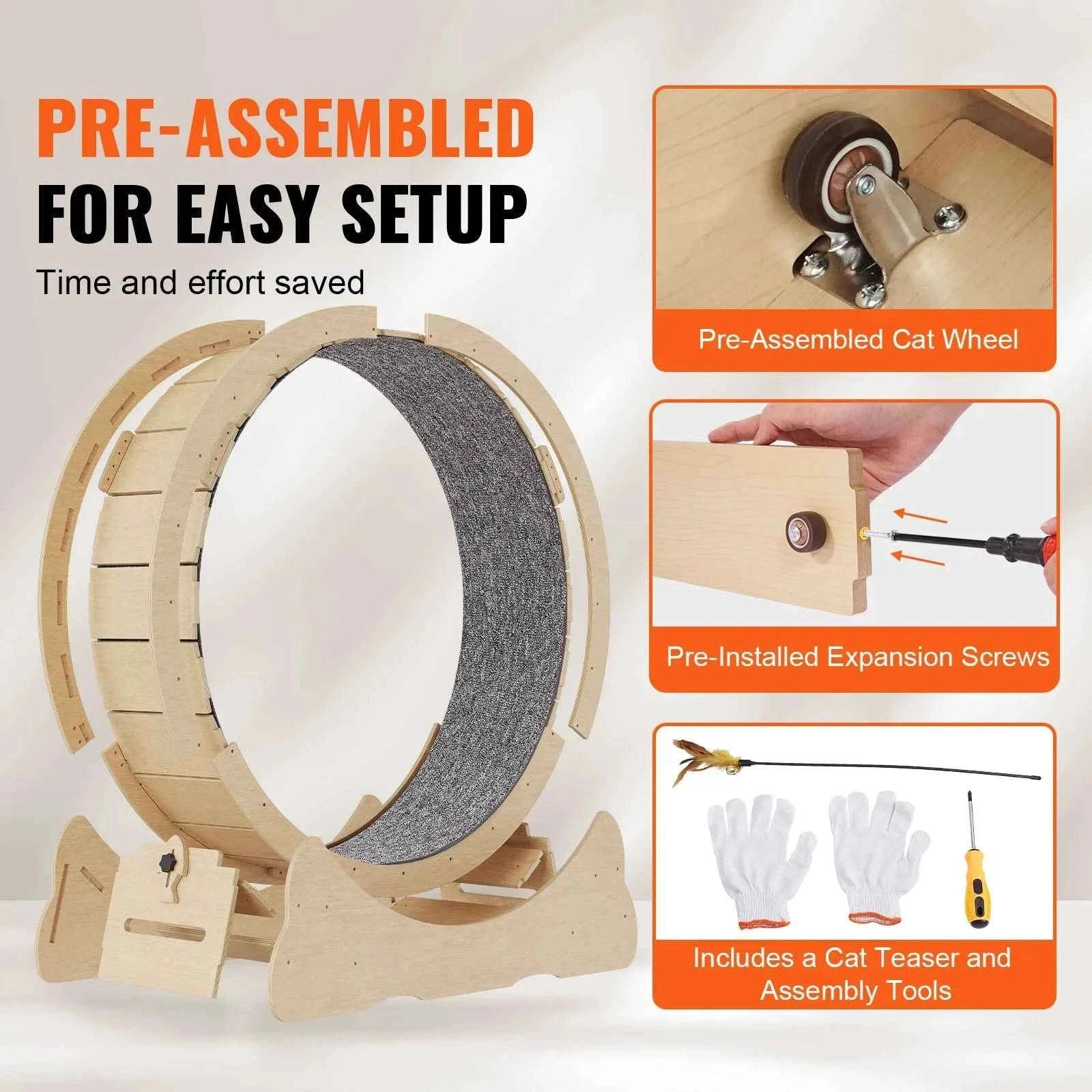 Wooden Cat Exercise Wheel with Detachable Carpet and Cat Teaser-35.8inch / france