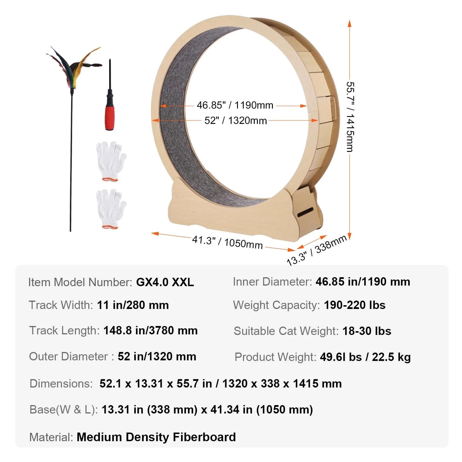 Wooden Cat Exercise Wheel with Detachable Carpet and Cat Teaser-35.8inch / france