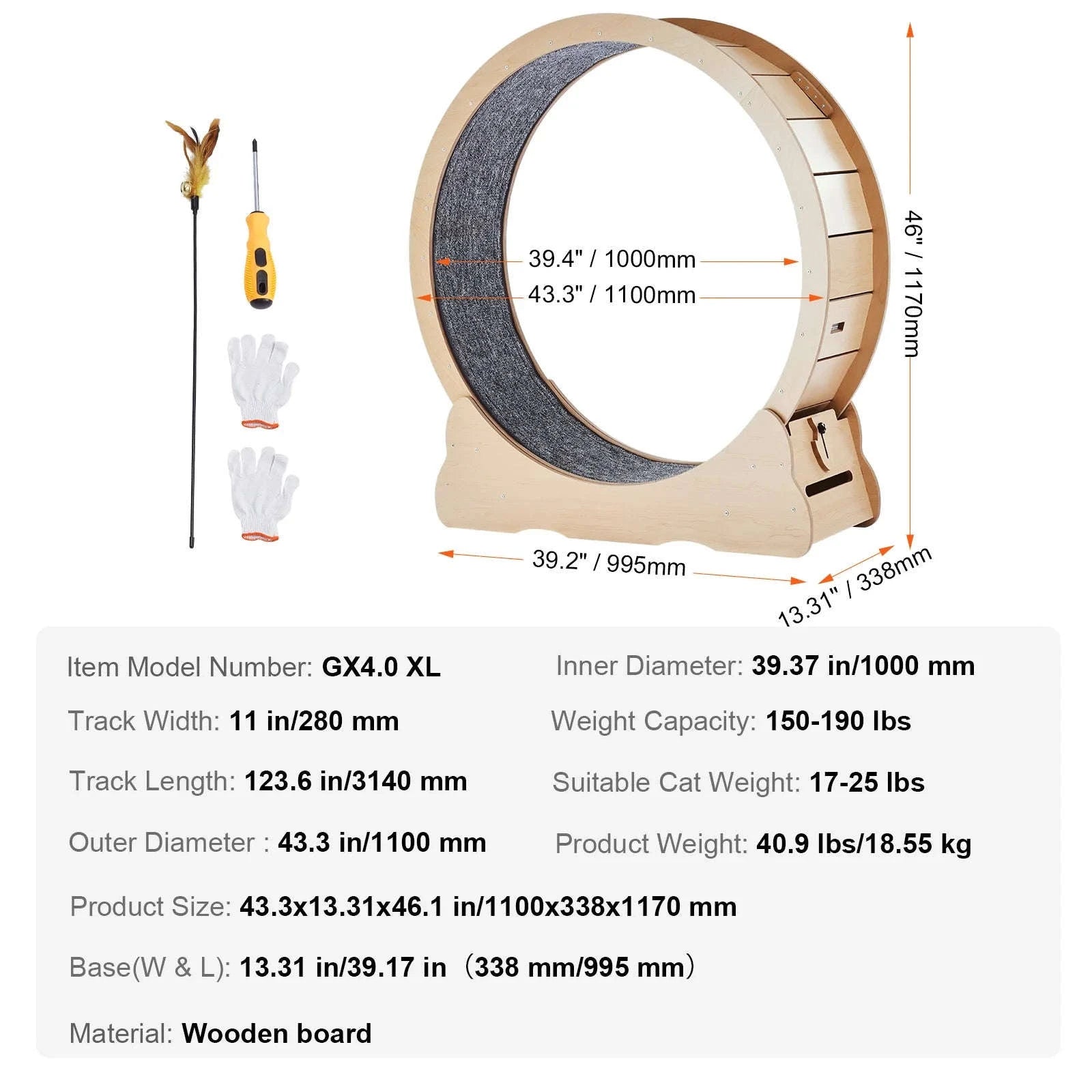 Wooden Cat Exercise Wheel with Detachable Carpet and Cat Teaser-35.8inch / france