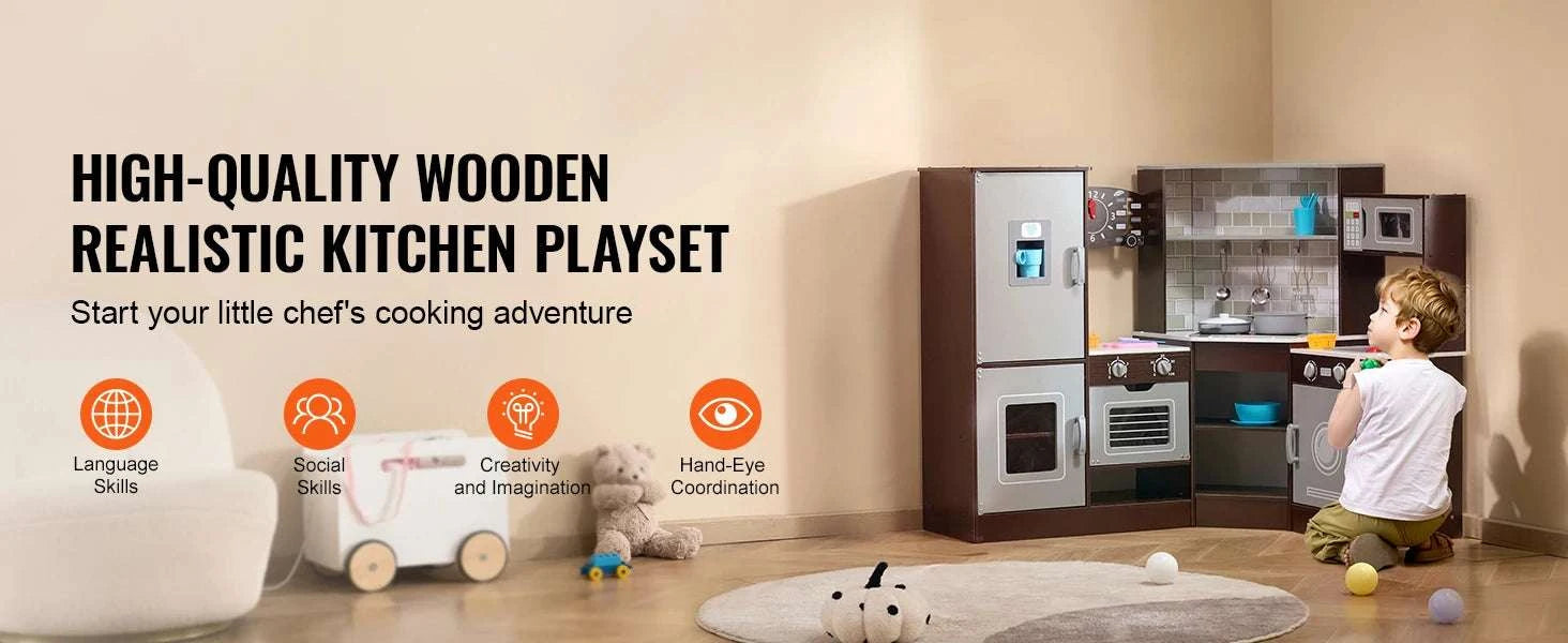 Wooden Kids Kitchen Playset with Lights, Sounds & 24 Accessories-Brown / United States